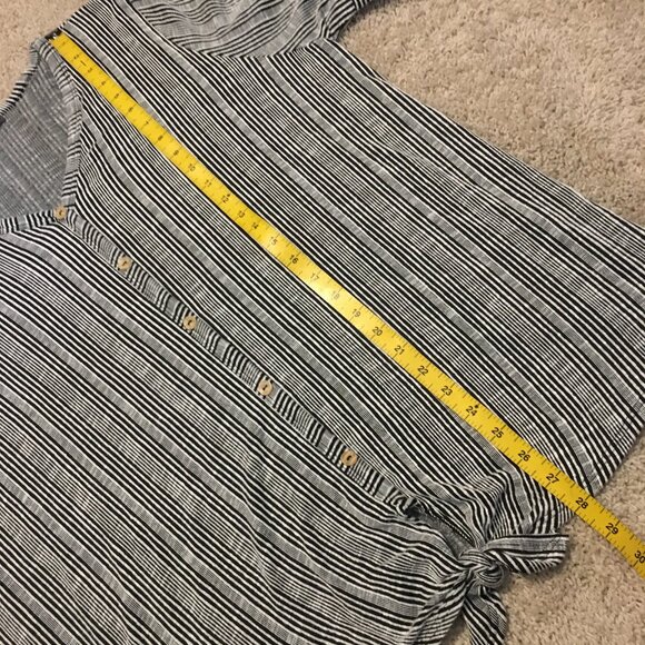 B&W Pinstripe Boho Flutter Sleeve Tie Hem Button Up Tee - Picture 13 of 15